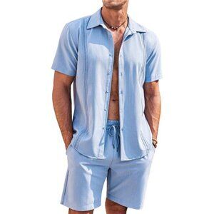 Men's 2 Piece Short Set Cuban Guayabera Shirts Short Sleeve Casual Outfit Set